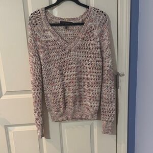 White House Black Market Pink and Cream V-Neck Sweater